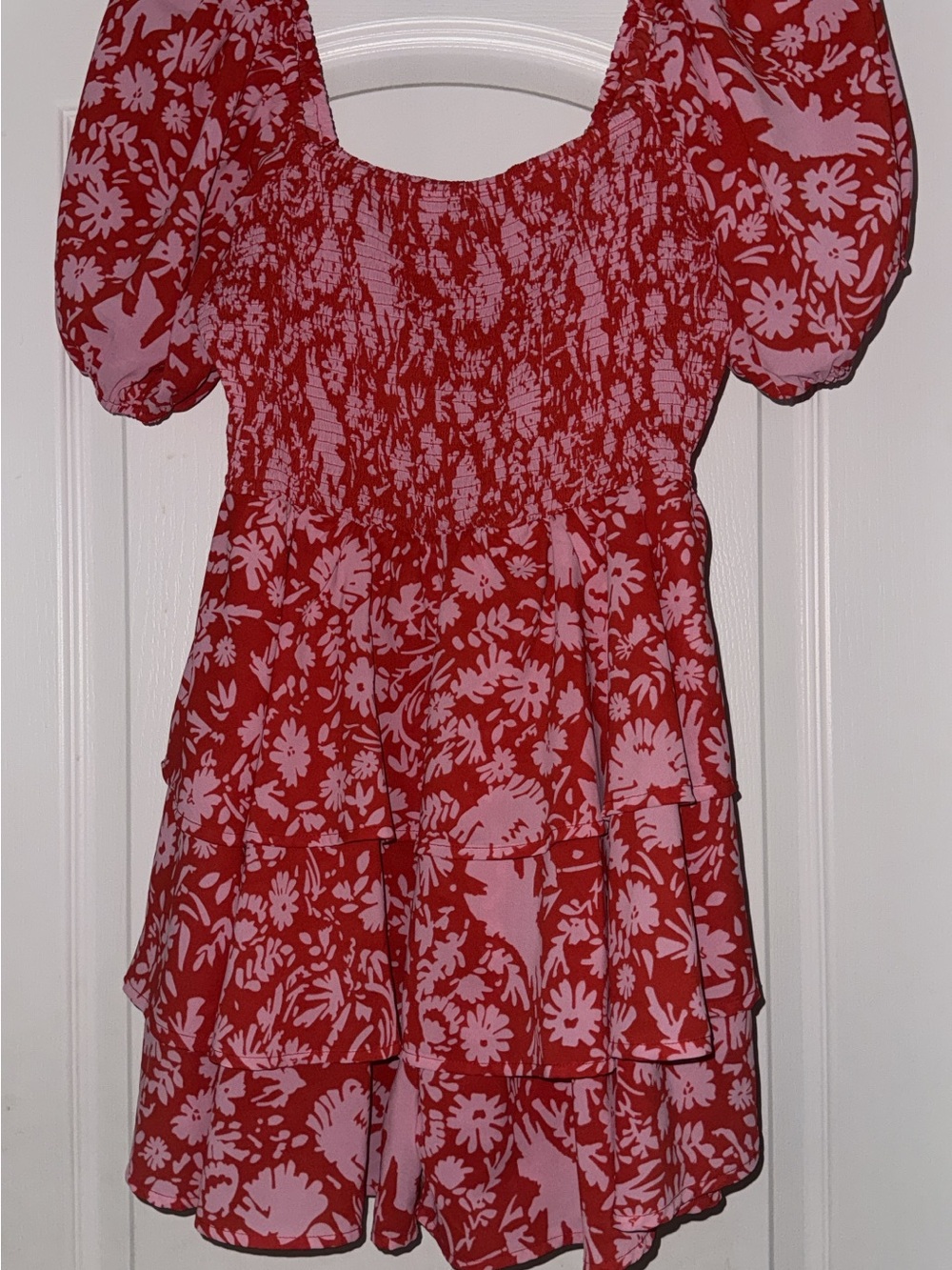 Red and Light Pink Floral Puff-Sleeve Romper